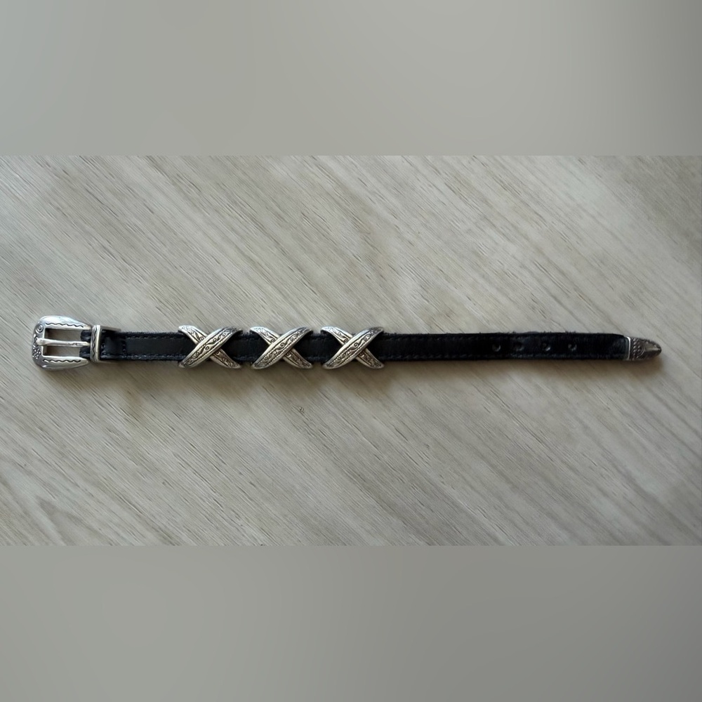 Brighton Kriss Kross Bandit Bracelet Black Leather Strap Buckle Silver Plate